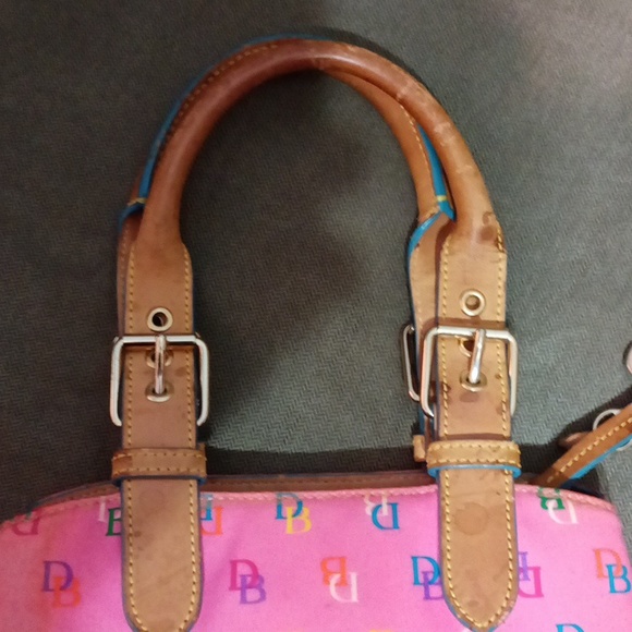 Dooney and Bourke pink multi color DB all over with tan leather handles - Picture 13 of 17